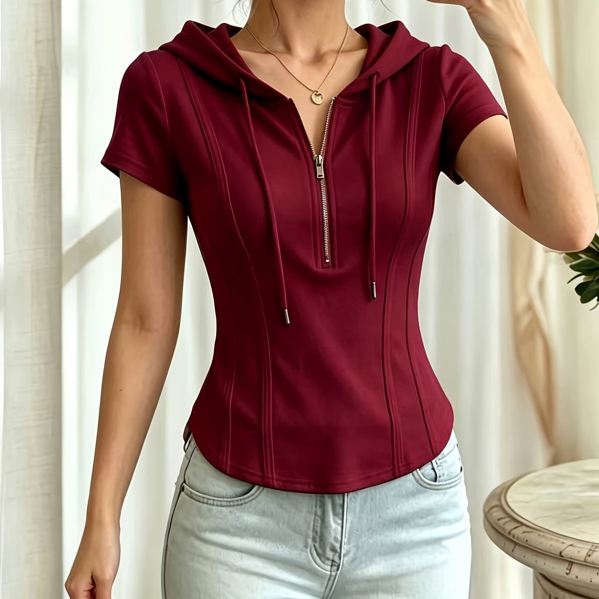 New Summer Solid Color Fashionable and Elegant Half-Zip Hooded Short-Sleeve Top, Slim Fit, Flattering, and Versatile