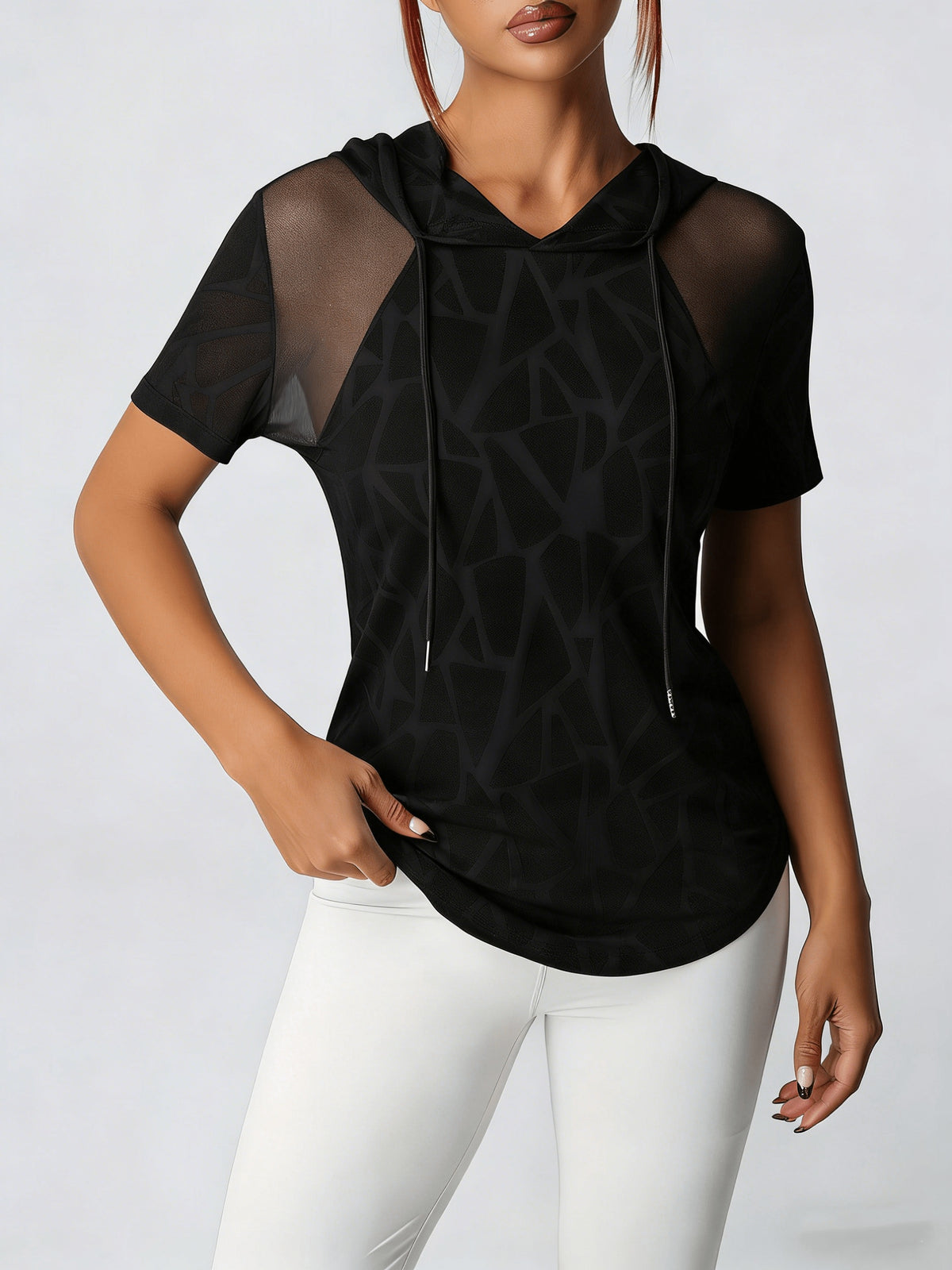Women'S Spring Summer Athletic Fitness Yoga Hooded T-Shirt, Mesh Panel Design