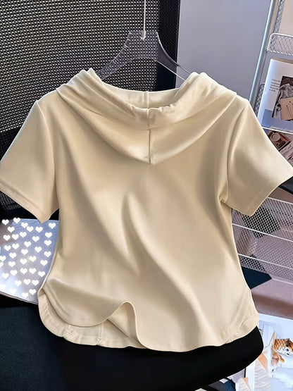 New Summer Solid Color Fashionable and Elegant Half-Zip Hooded Short-Sleeve Top, Slim Fit, Flattering, and Versatile