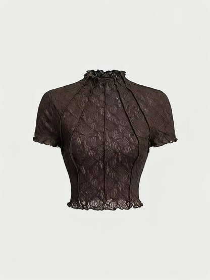 Women's Lace Floral Jacquard Tulle T-Shirt - Sheer-Suitable for Dates & Parties