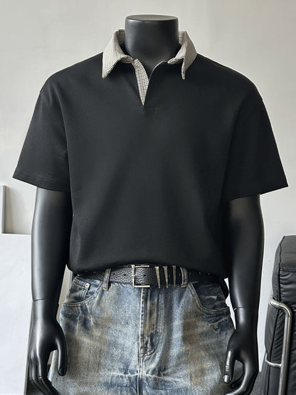 Men's Contrast Collar Shirt, Casual Short Sleeve Top, Loose Fit Breathable Summer T-Shirt for Daily Wear