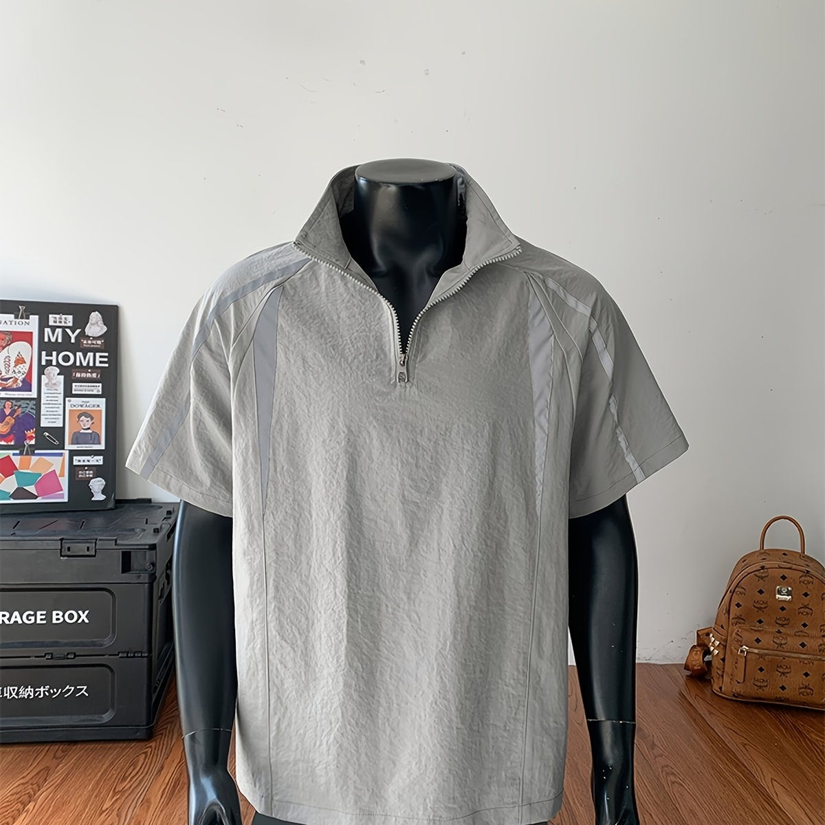 Men's Summer Outdoor Casual Plus-Size Sporty Spliced Reflective Stripe Stand Collar Short-Sleeve T-Shirt