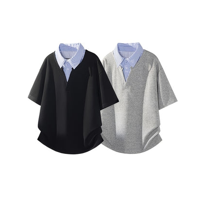 Striped Collar Shirt, Summer Casual Loose Short Sleeve T-Shirt, Business Color Block Lapel Top
