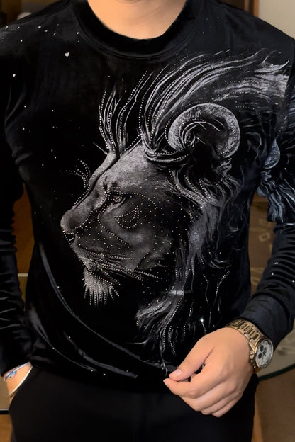 Velvet Swarovski Lion Side Face Silver Print Sweatshirt - Black