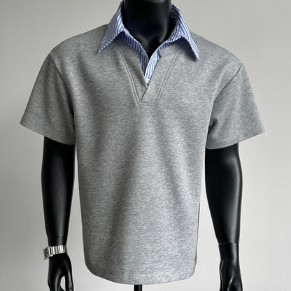 Striped Collar Shirt, Summer Casual Loose Short Sleeve T-Shirt, Business Color Block Lapel Top