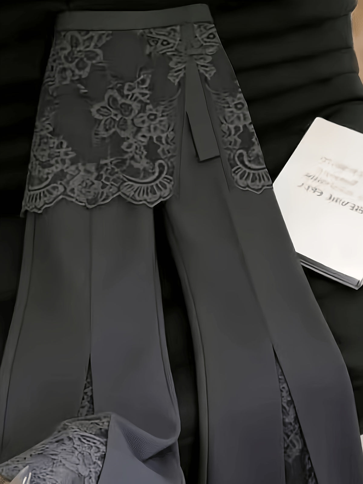 Women'S Elegant Lace Patchwork Side Slit Flare Trousers, Women'S Pants [ZLLZ]