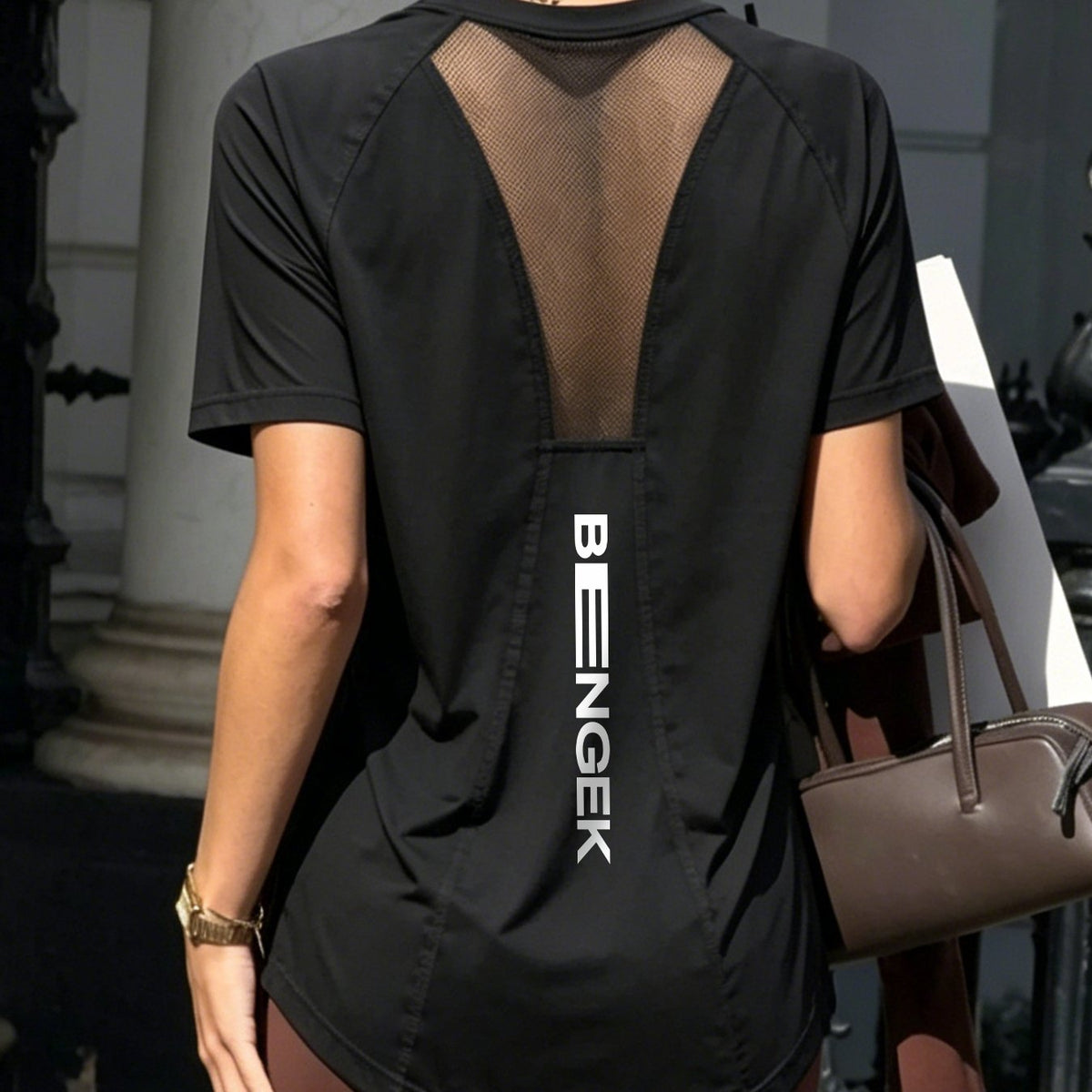 Mesh Panel Backless Athletic Top with Vertical Letter Print, Breathable Fitness Running Yoga Casual Versatile Short Sleeve T-Shirt for Women