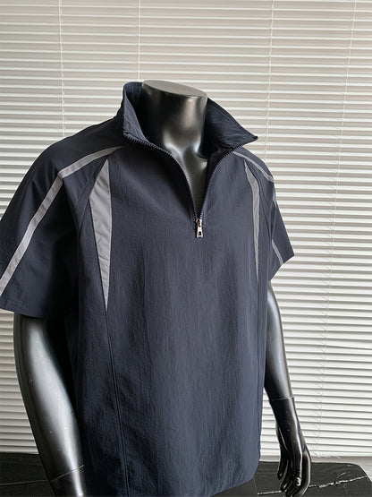 Men's Summer Outdoor Casual Plus-Size Sporty Spliced Reflective Stripe Stand Collar Short-Sleeve T-Shirt