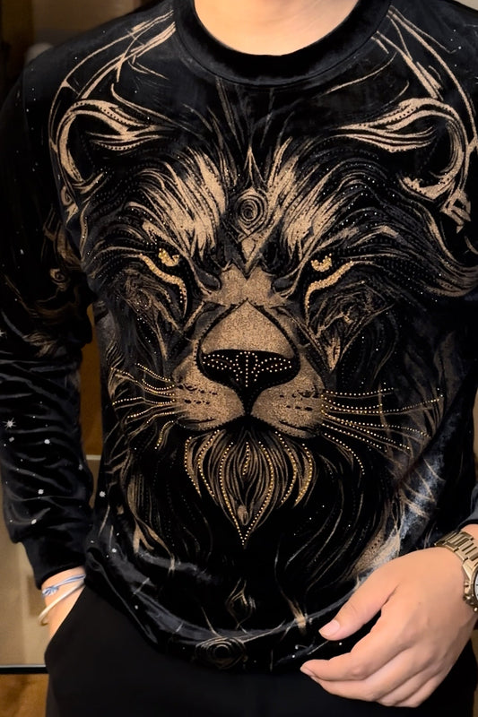 Velvet Swarovski Lion Full Face Print Sweatshirt - Black