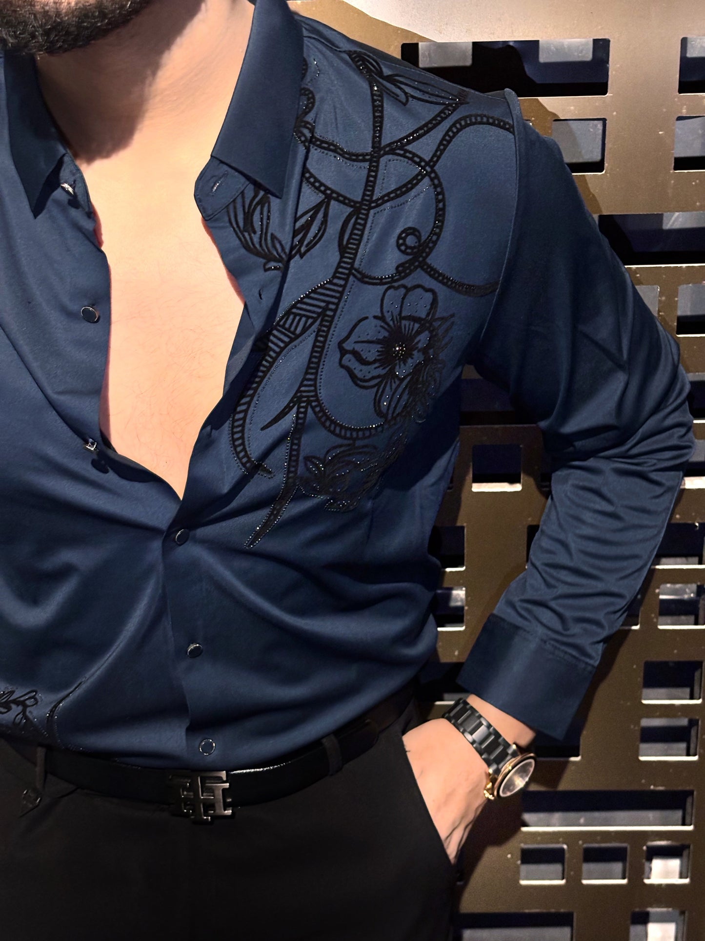 Barcelona Blossom Jacquard Shirt - NAVY