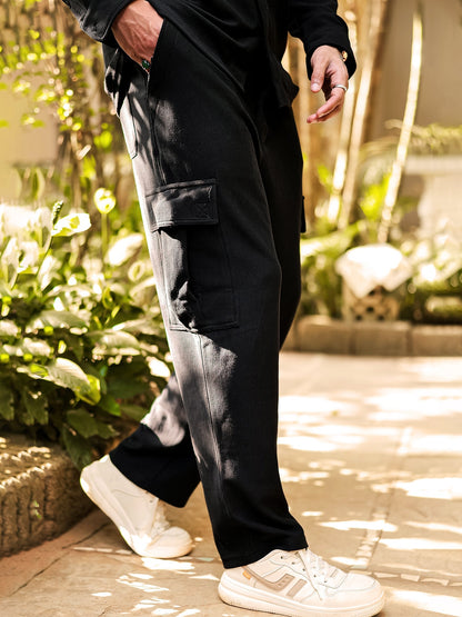 Cord Knit Textured Black Baggy Fit Cargo
