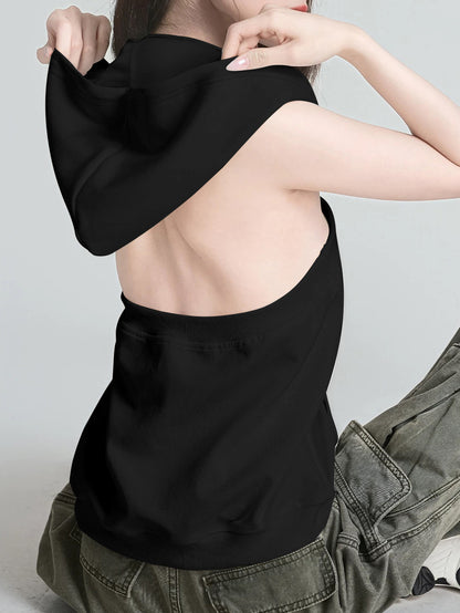 A Top, Black Slim-Fit Backless Sleeveless Vest for Women