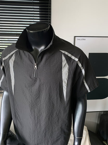 Men's Summer Outdoor Casual Plus-Size Sporty Spliced Reflective Stripe Stand Collar Short-Sleeve T-Shirt