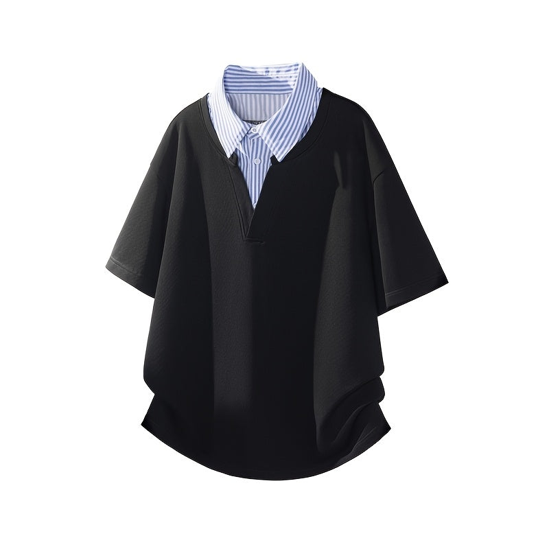 Striped Collar Shirt, Summer Casual Loose Short Sleeve T-Shirt, Business Color Block Lapel Top
