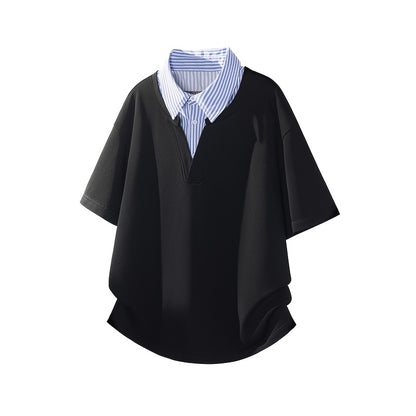 Striped Collar Shirt, Summer Casual Loose Short Sleeve T-Shirt, Business Color Block Lapel Top