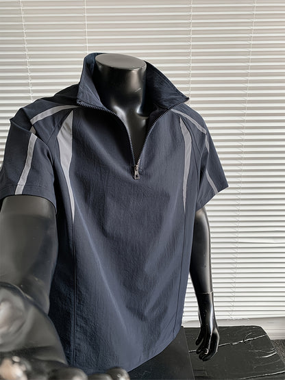 Men's Summer Outdoor Casual Plus-Size Sporty Spliced Reflective Stripe Stand Collar Short-Sleeve T-Shirt