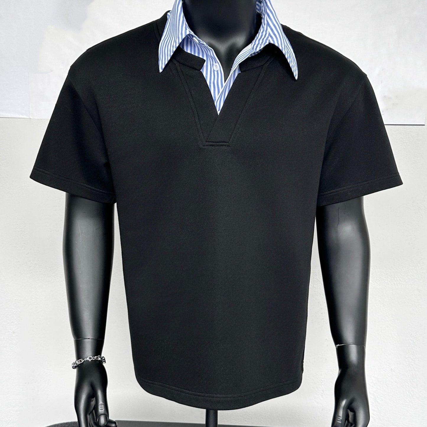 Striped Collar Shirt, Summer Casual Loose Short Sleeve T-Shirt, Business Color Block Lapel Top