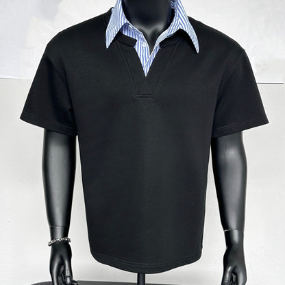 Striped Collar Shirt, Summer Casual Loose Short Sleeve T-Shirt, Business Color Block Lapel Top