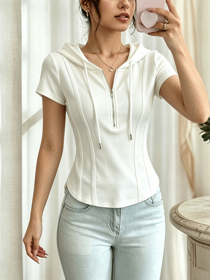 New Summer Solid Color Fashionable and Elegant Half-Zip Hooded Short-Sleeve Top, Slim Fit, Flattering, and Versatile