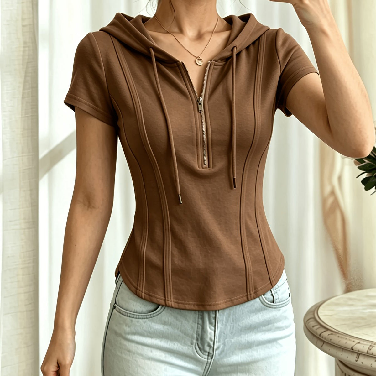 New Summer Solid Color Fashionable and Elegant Half-Zip Hooded Short-Sleeve Top, Slim Fit, Flattering, and Versatile