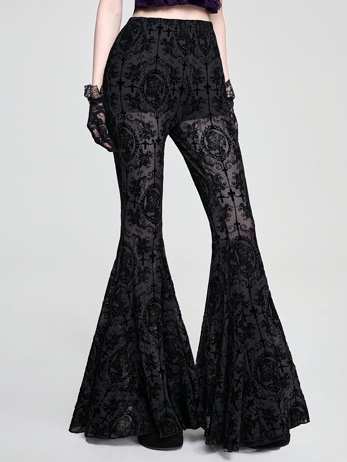 Gothic Skull Vine Cross Print Wide Leg Long Pants