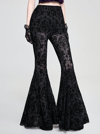 Gothic Skull Vine Cross Print Wide Leg Long Pants