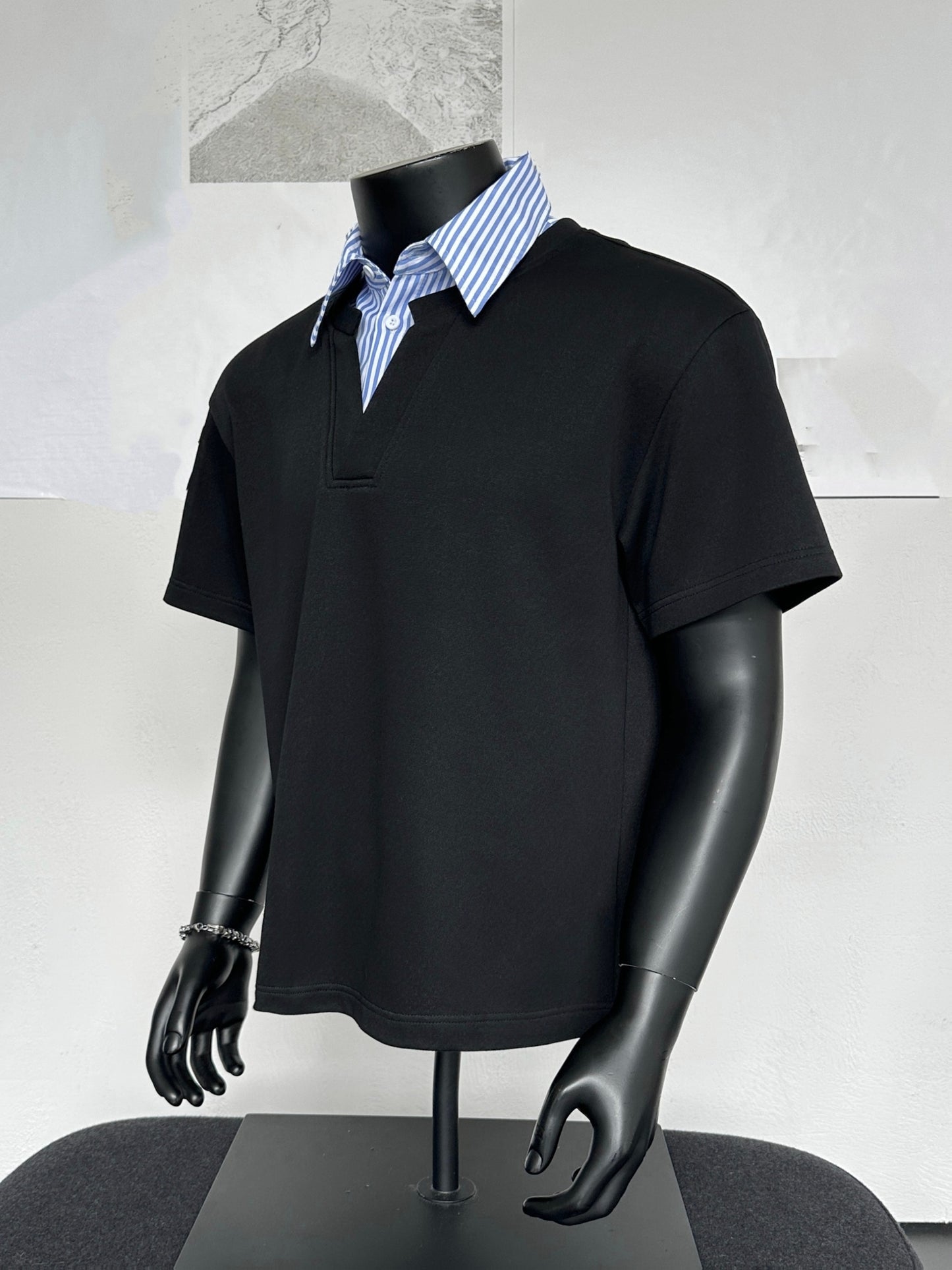 Striped Collar Shirt, Summer Casual Loose Short Sleeve T-Shirt, Business Color Block Lapel Top