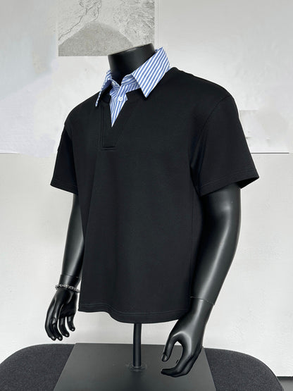 Striped Collar Shirt, Summer Casual Loose Short Sleeve T-Shirt, Business Color Block Lapel Top