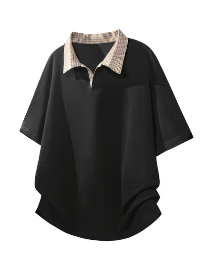 Men's Contrast Collar Shirt, Casual Short Sleeve Top, Loose Fit Breathable Summer T-Shirt for Daily Wear