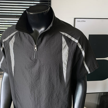 Men's Summer Outdoor Casual Plus-Size Sporty Spliced Reflective Stripe Stand Collar Short-Sleeve T-Shirt