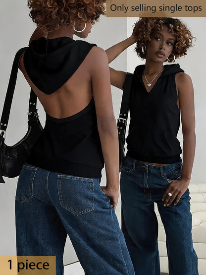A Top, Black Slim-Fit Backless Sleeveless Vest for Women