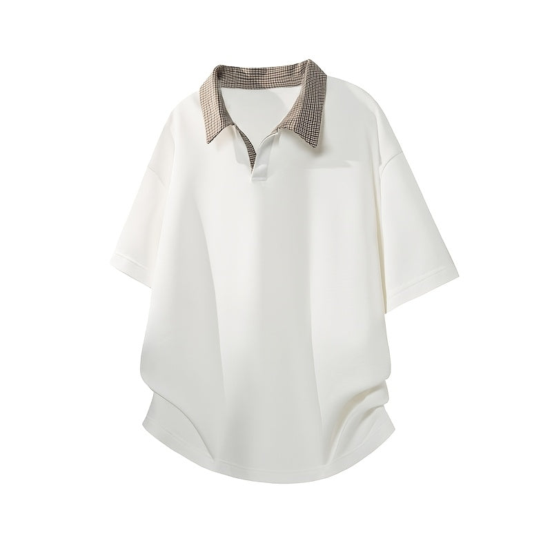 Men's Contrast Collar Shirt, Casual Short Sleeve Top, Loose Fit Breathable Summer T-Shirt for Daily Wear