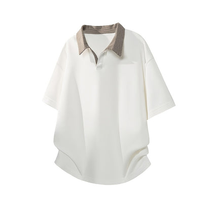 Men's Contrast Collar Shirt, Casual Short Sleeve Top, Loose Fit Breathable Summer T-Shirt for Daily Wear