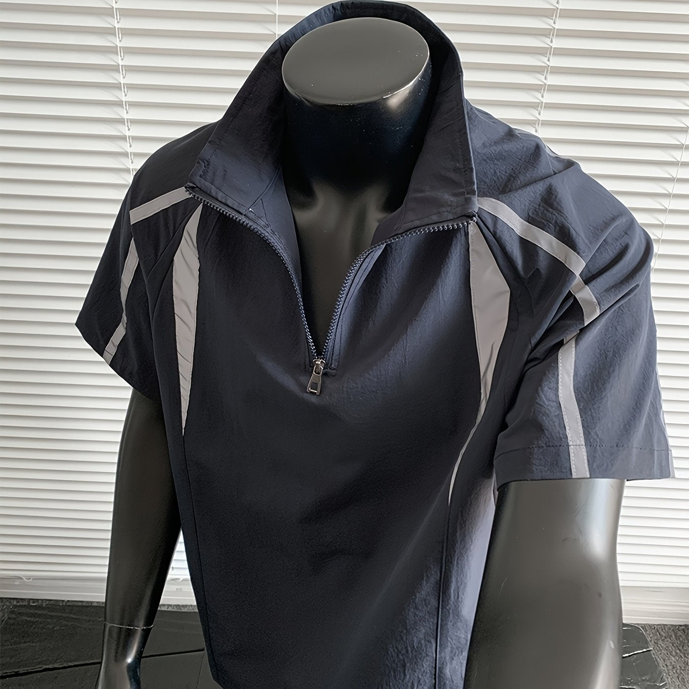 Men's Summer Outdoor Casual Plus-Size Sporty Spliced Reflective Stripe Stand Collar Short-Sleeve T-Shirt
