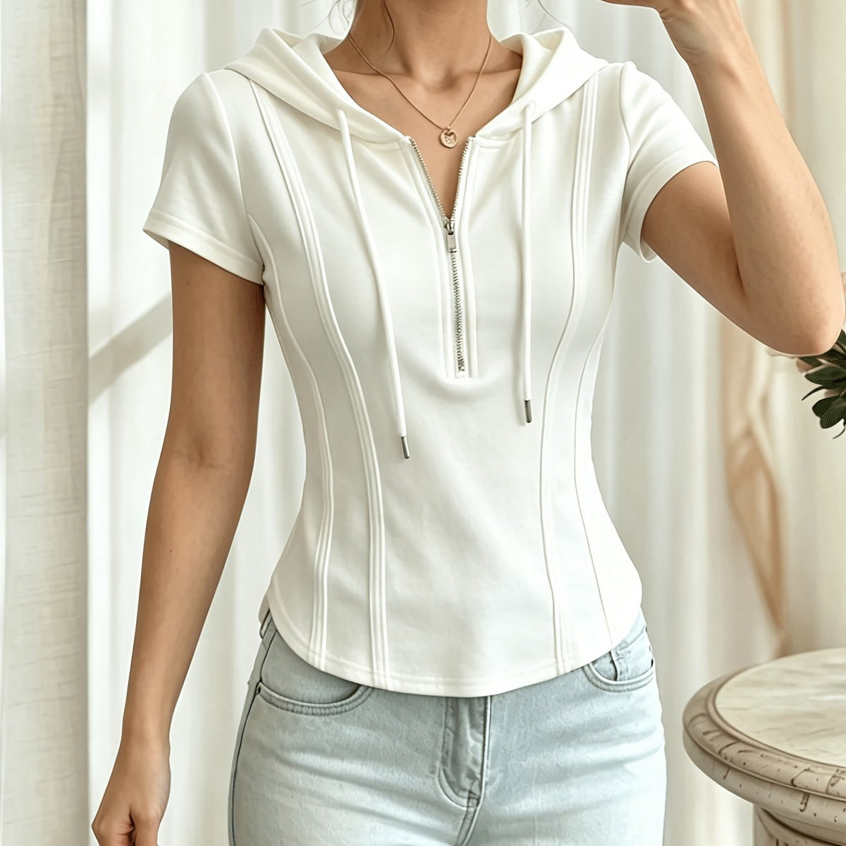 New Summer Solid Color Fashionable and Elegant Half-Zip Hooded Short-Sleeve Top, Slim Fit, Flattering, and Versatile