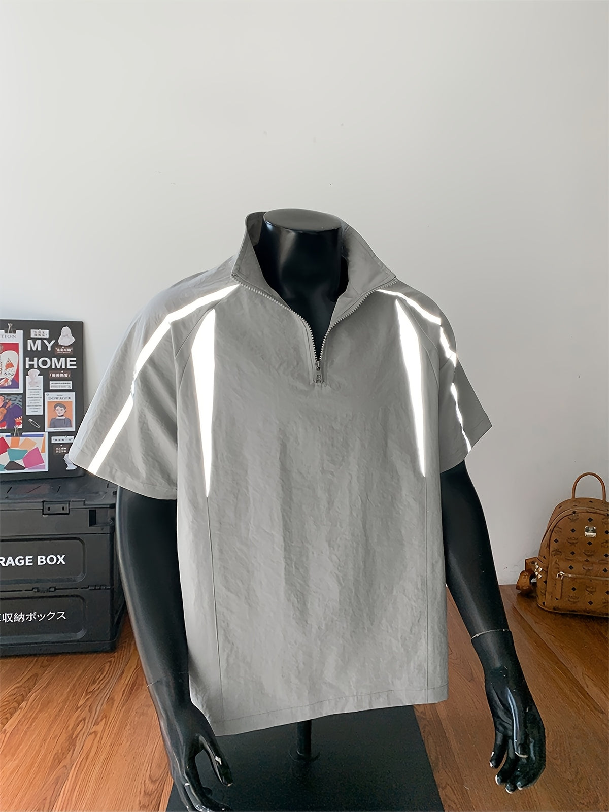 Men's Summer Outdoor Casual Plus-Size Sporty Spliced Reflective Stripe Stand Collar Short-Sleeve T-Shirt