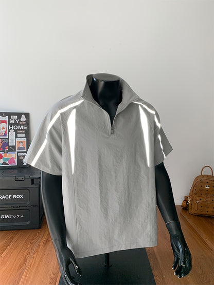 Men's Summer Outdoor Casual Plus-Size Sporty Spliced Reflective Stripe Stand Collar Short-Sleeve T-Shirt