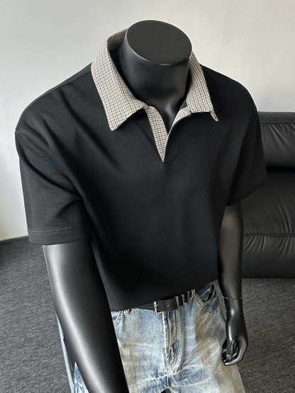 Men's Contrast Collar Shirt, Casual Short Sleeve Top, Loose Fit Breathable Summer T-Shirt for Daily Wear