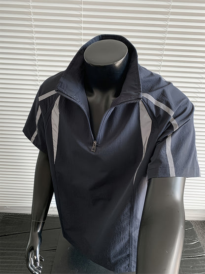 Men's Summer Outdoor Casual Plus-Size Sporty Spliced Reflective Stripe Stand Collar Short-Sleeve T-Shirt