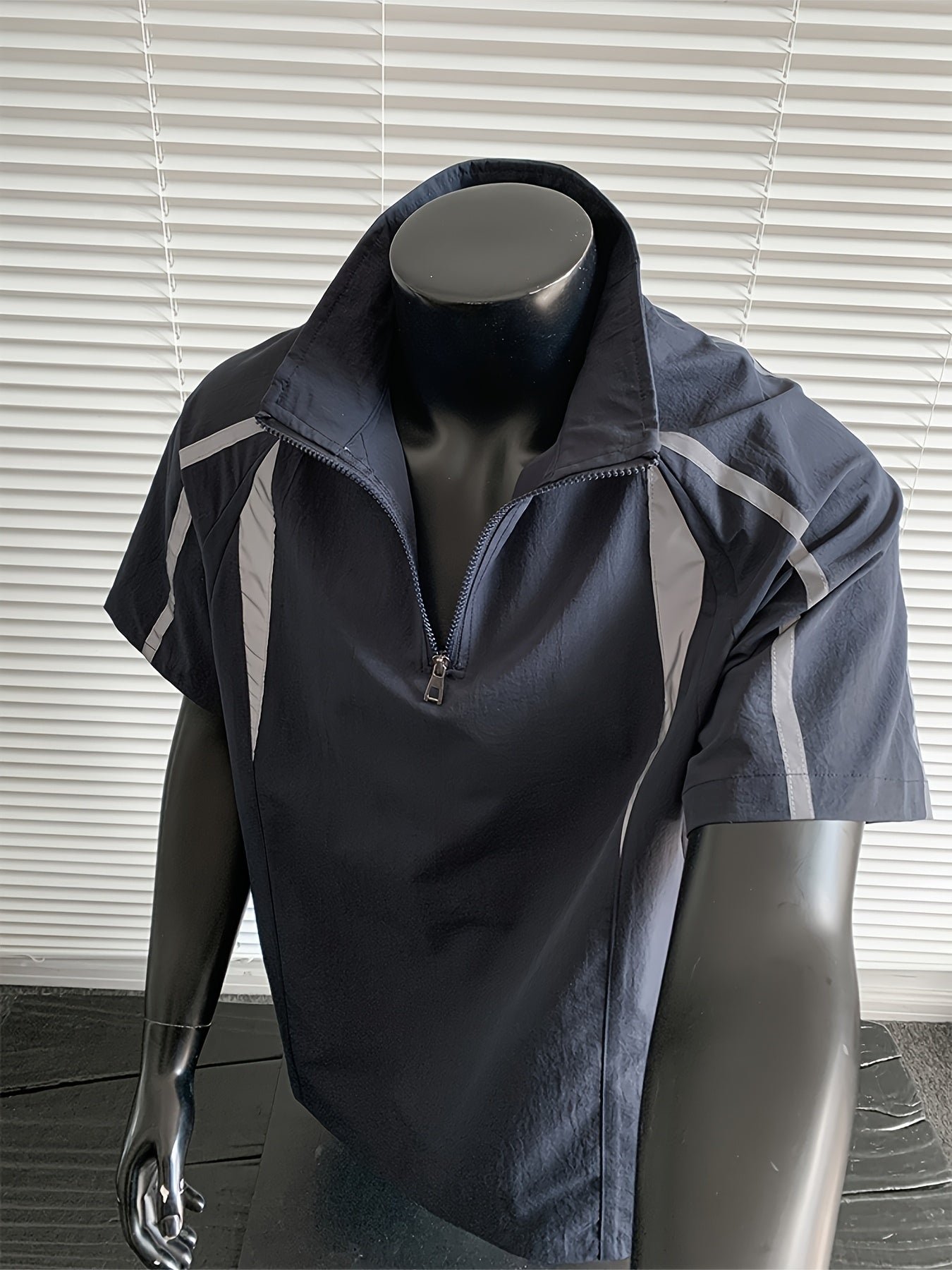 Men's Summer Outdoor Casual Plus-Size Sporty Spliced Reflective Stripe Stand Collar Short-Sleeve T-Shirt