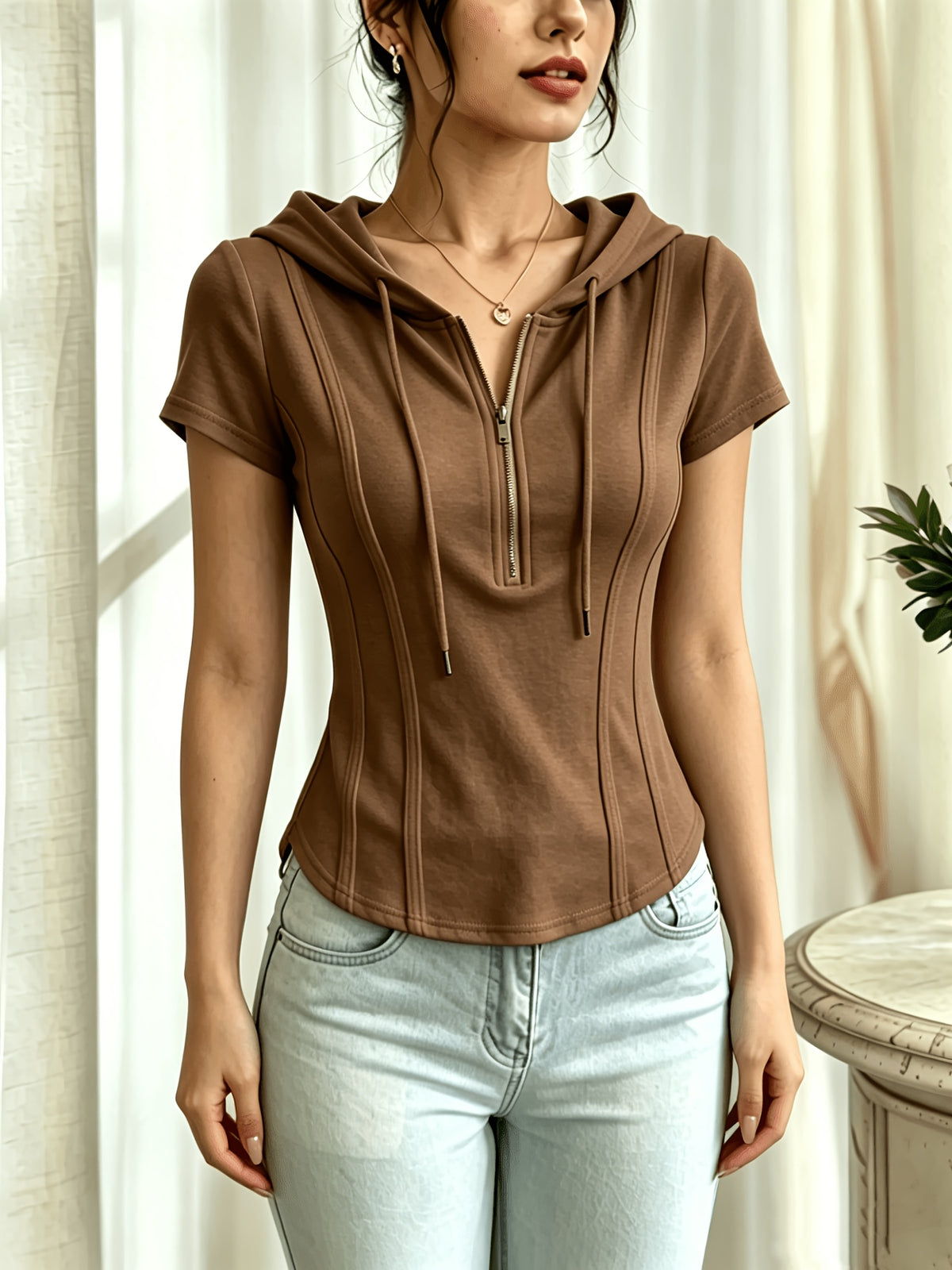 New Summer Solid Color Fashionable and Elegant Half-Zip Hooded Short-Sleeve Top, Slim Fit, Flattering, and Versatile