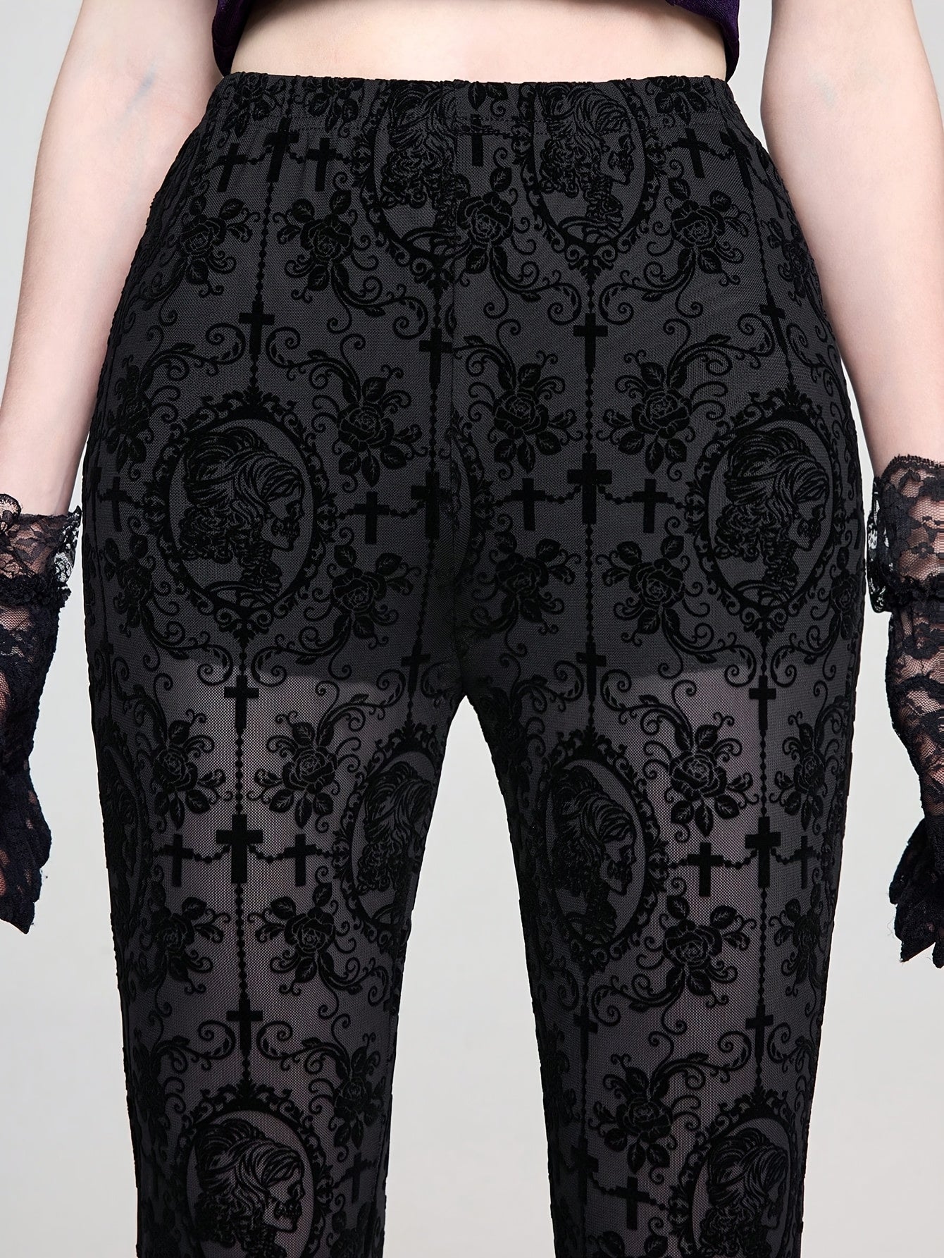 Gothic Skull Vine Cross Print Wide Leg Long Pants