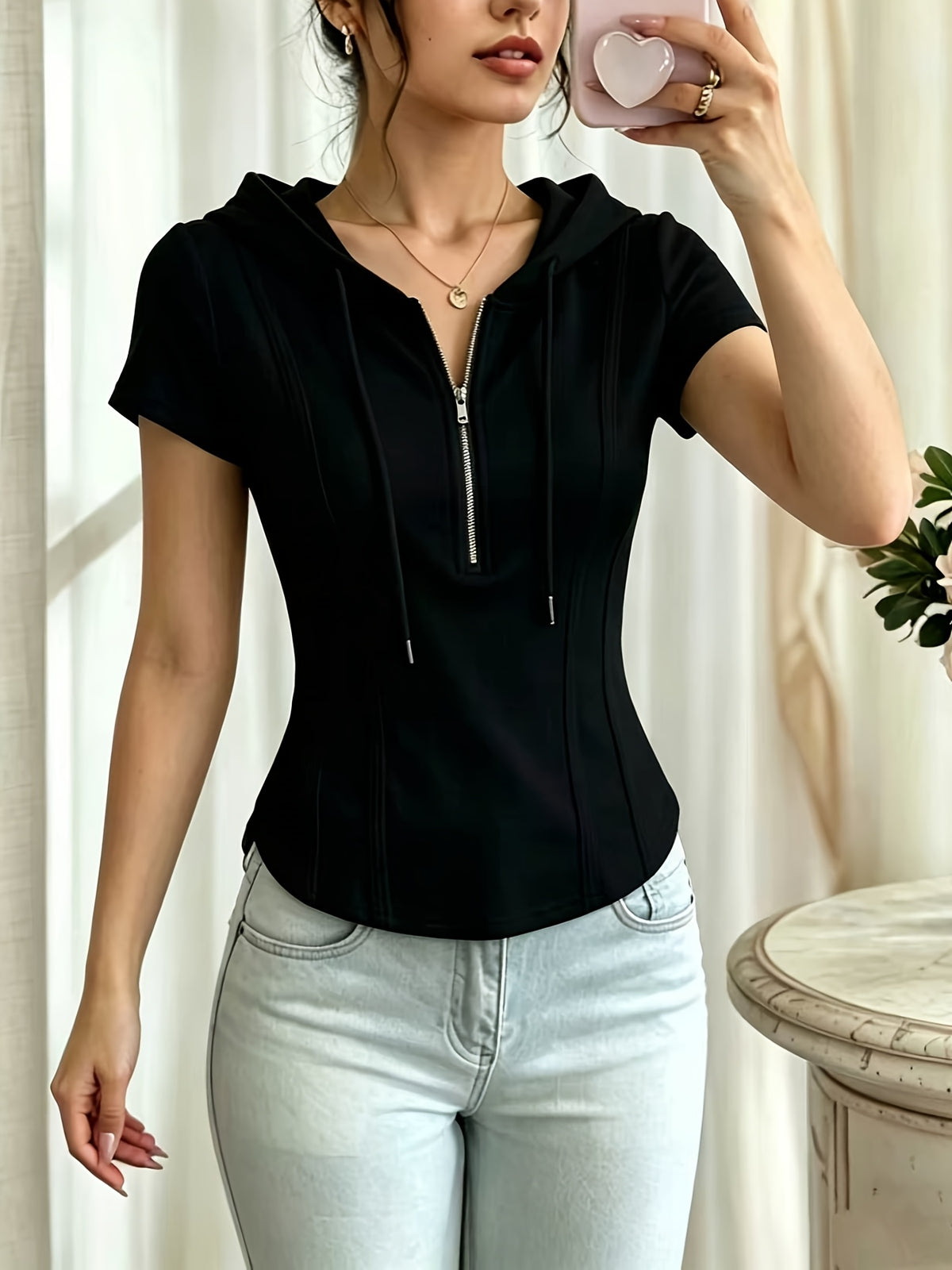 New Summer Solid Color Fashionable and Elegant Half-Zip Hooded Short-Sleeve Top, Slim Fit, Flattering, and Versatile