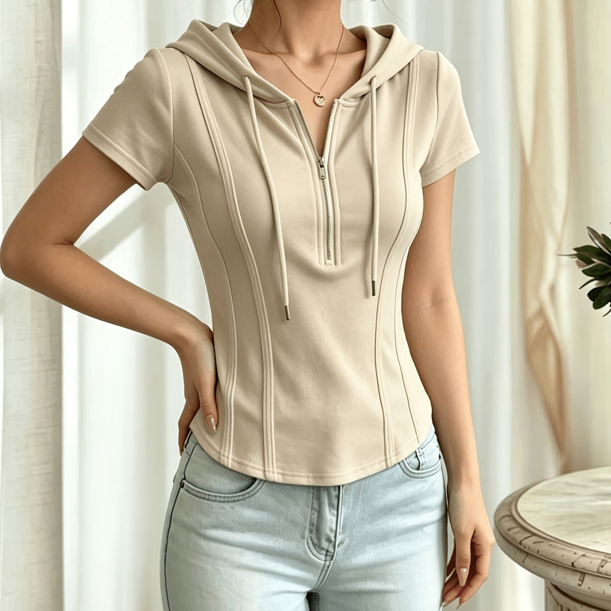 New Summer Solid Color Fashionable and Elegant Half-Zip Hooded Short-Sleeve Top, Slim Fit, Flattering, and Versatile