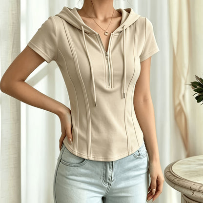 New Summer Solid Color Fashionable and Elegant Half-Zip Hooded Short-Sleeve Top, Slim Fit, Flattering, and Versatile