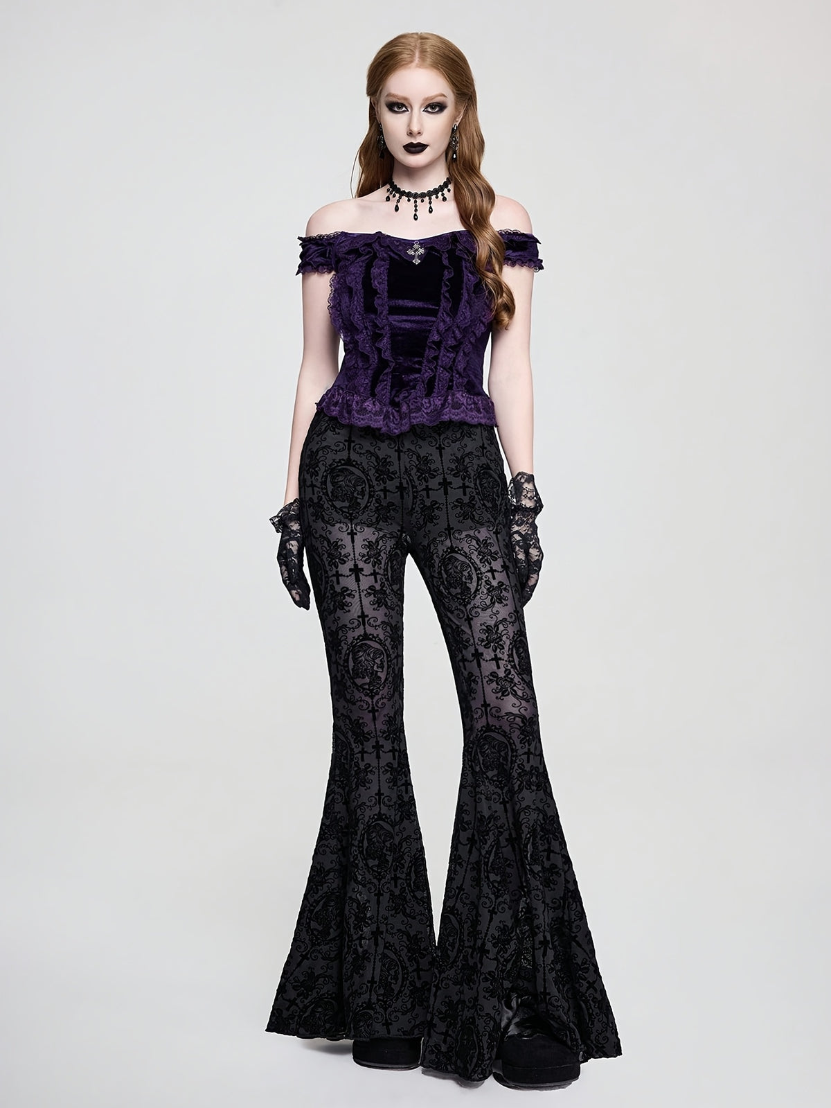 Gothic Skull Vine Cross Print Wide Leg Long Pants