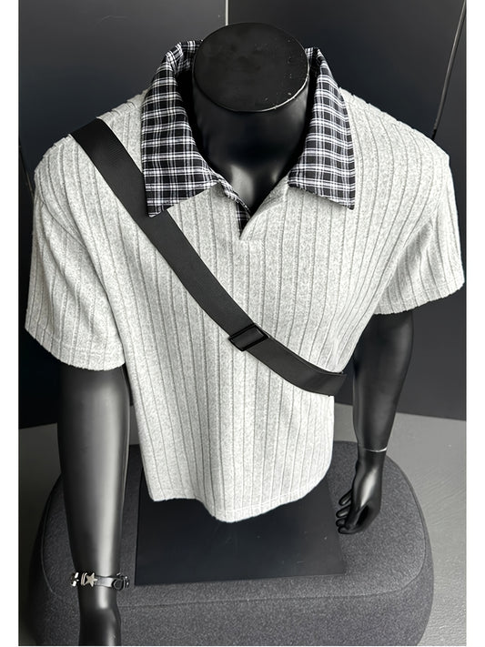 Summer New Plus Size Collared Checkered Short Sleeve T-Shirt Men'S Summer Clothing