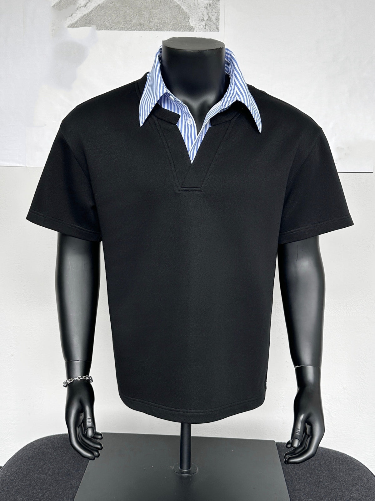 Striped Collar Shirt, Summer Casual Loose Short Sleeve T-Shirt, Business Color Block Lapel Top