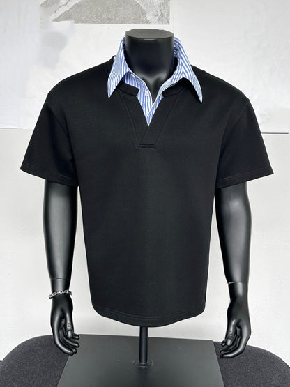 Striped Collar Shirt, Summer Casual Loose Short Sleeve T-Shirt, Business Color Block Lapel Top