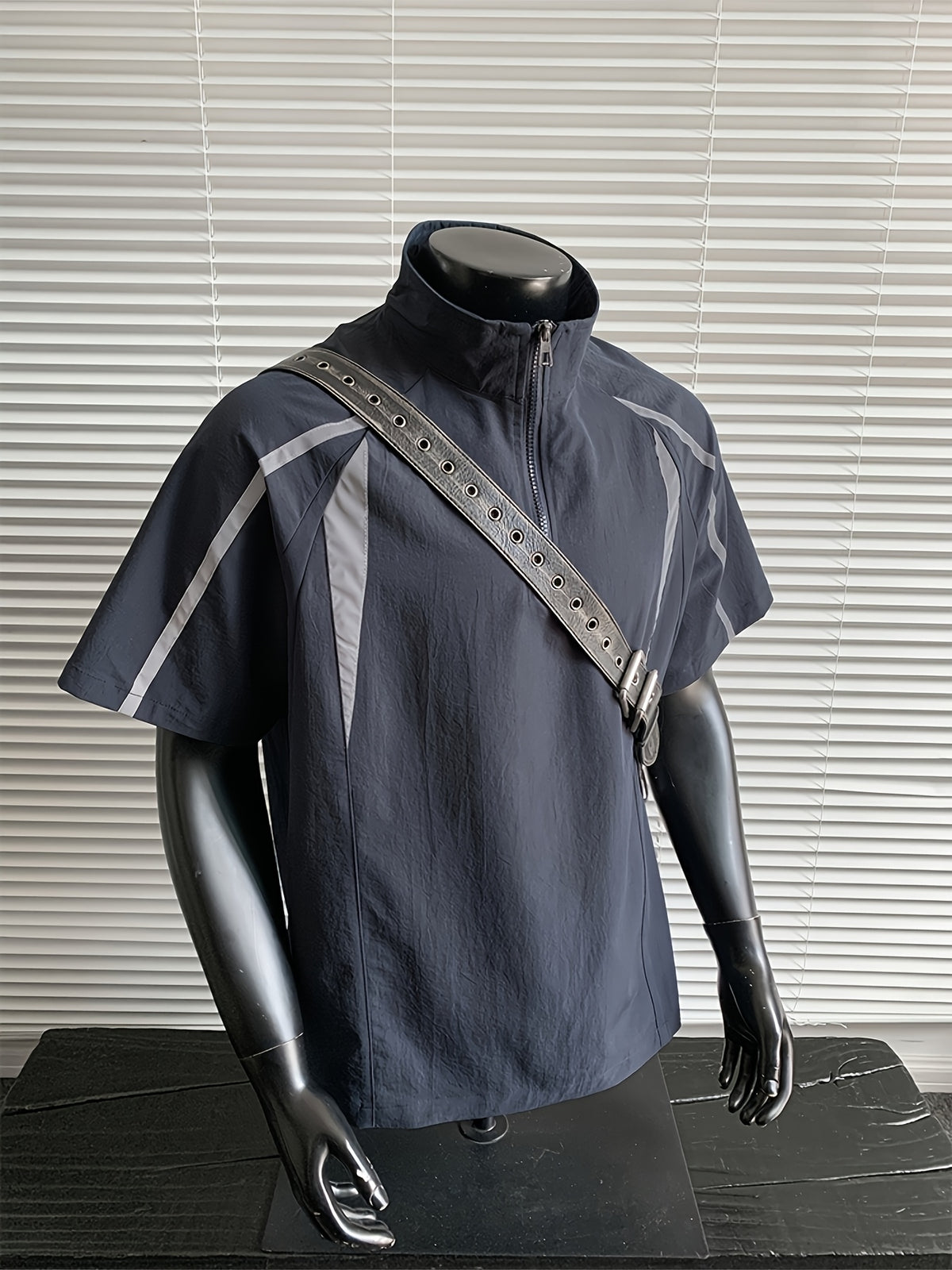 Men's Summer Outdoor Casual Plus-Size Sporty Spliced Reflective Stripe Stand Collar Short-Sleeve T-Shirt